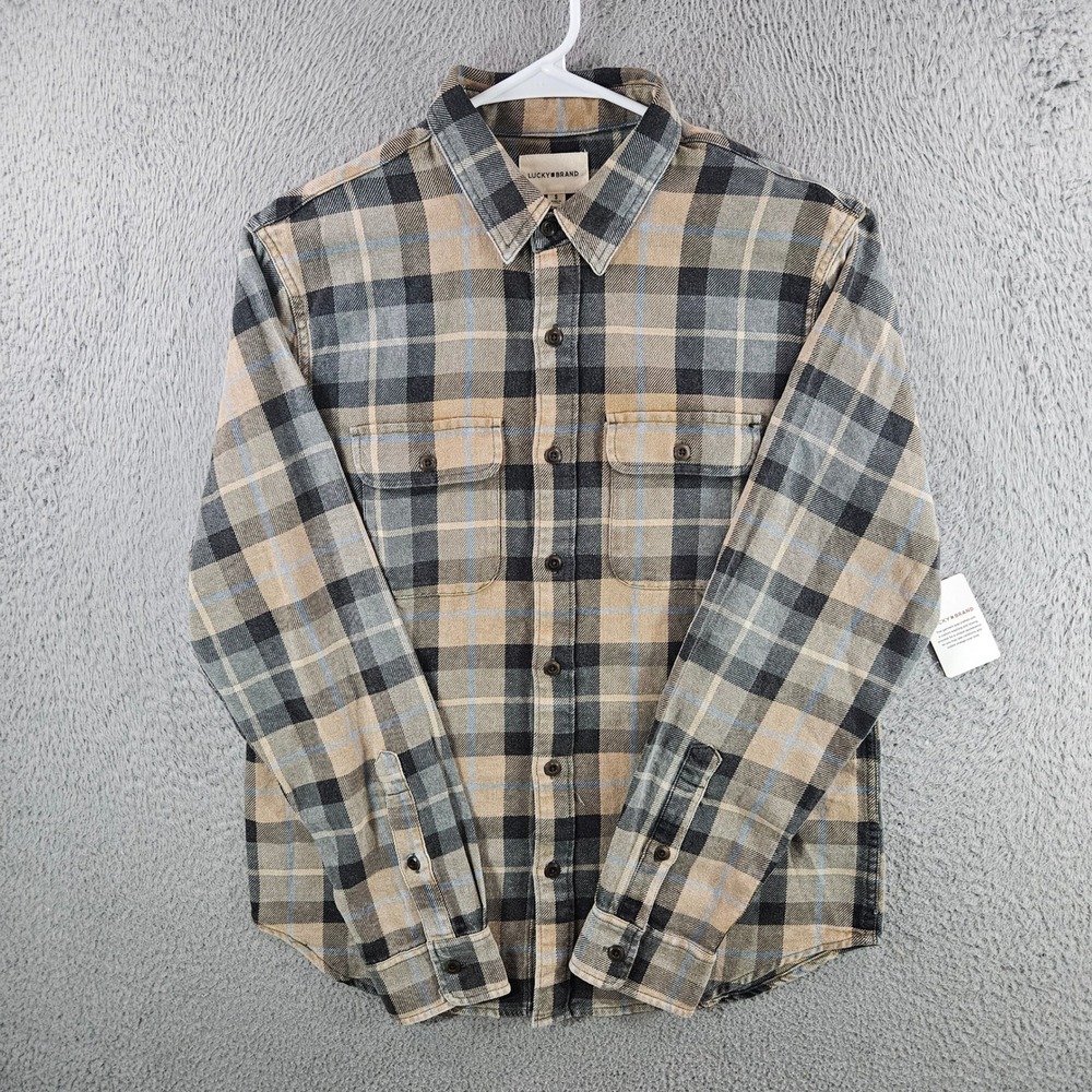 Lucky Brand Mens Plaid Flannel Button Down‎ Shirt Tan Black Gray Small NEW NWT